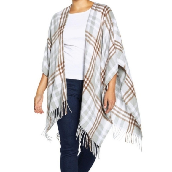 Three Dots Sweaters - Plaid Fringe Poncho